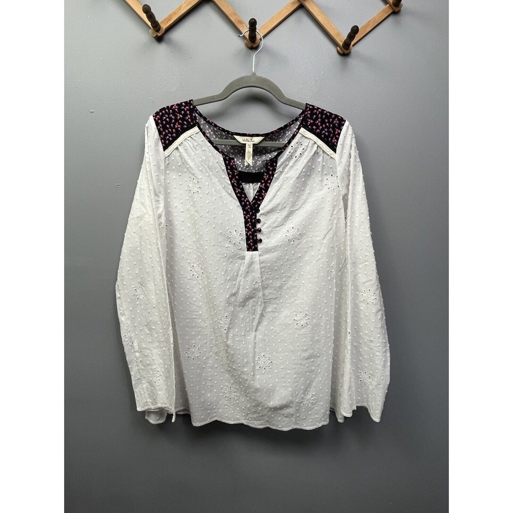 Matilda Jane Blouse Womens Medium White Floral Eyelet Swiss Dot Boho Peasant Top